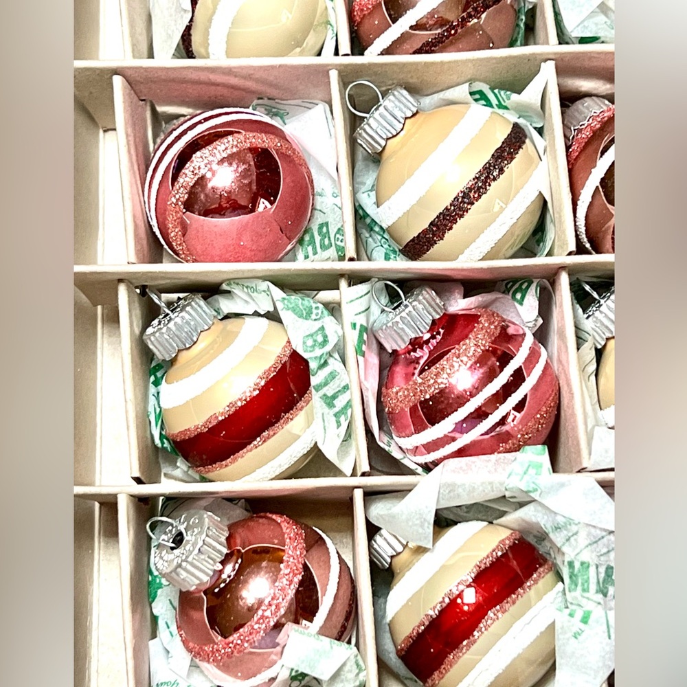 20 Christmas Radko Glass Ball Ornaments Burgundy Beige White Pink Glitter Stripe - Picture 8 of 15